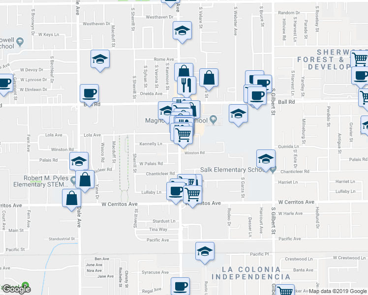 map of restaurants, bars, coffee shops, grocery stores, and more near 1324 South Magnolia Avenue in Anaheim