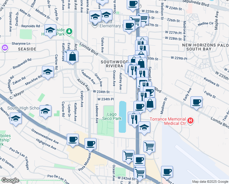 map of restaurants, bars, coffee shops, grocery stores, and more near West 234th Street in Torrance