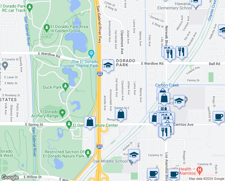 map of restaurants, bars, coffee shops, grocery stores, and more near 3176 Armourdale Avenue in Long Beach