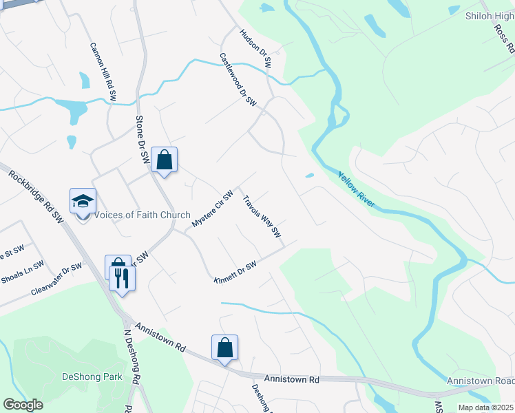 map of restaurants, bars, coffee shops, grocery stores, and more near 4844 Mystere Lane Southwest in Lilburn