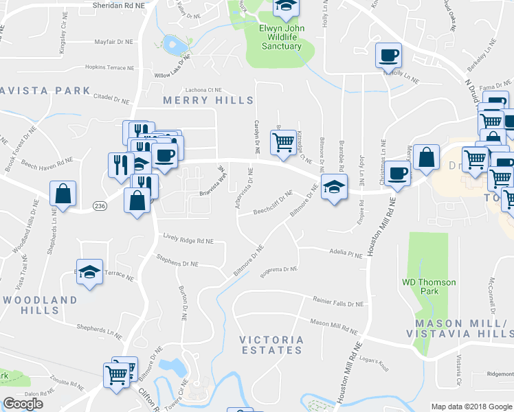 map of restaurants, bars, coffee shops, grocery stores, and more near 1516 Beechcliff Drive Northeast in Atlanta