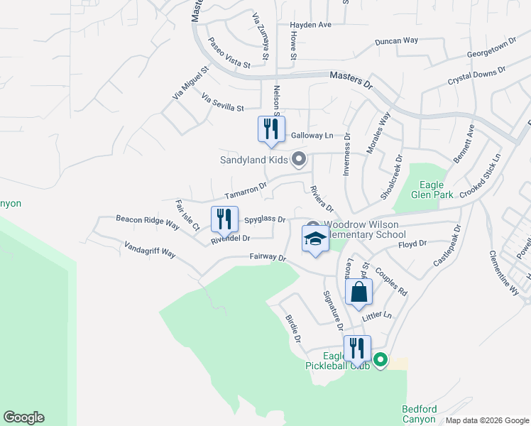 map of restaurants, bars, coffee shops, grocery stores, and more near 1675 Spyglass Drive in Corona