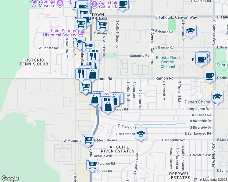 map of restaurants, bars, coffee shops, grocery stores, and more near 583 Calle Abronia South in Palm Springs