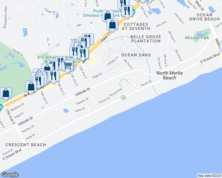 map of restaurants, bars, coffee shops, grocery stores, and more near 500 10th Avenue South in North Myrtle Beach