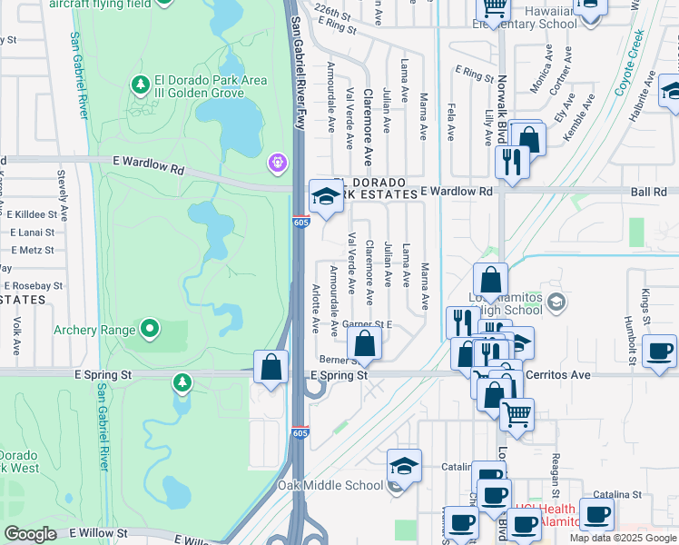 map of restaurants, bars, coffee shops, grocery stores, and more near 3176 Armourdale Avenue in Long Beach