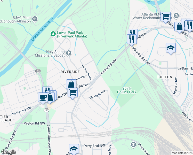 map of restaurants, bars, coffee shops, grocery stores, and more near 2144 Bolton Road Northwest in Atlanta