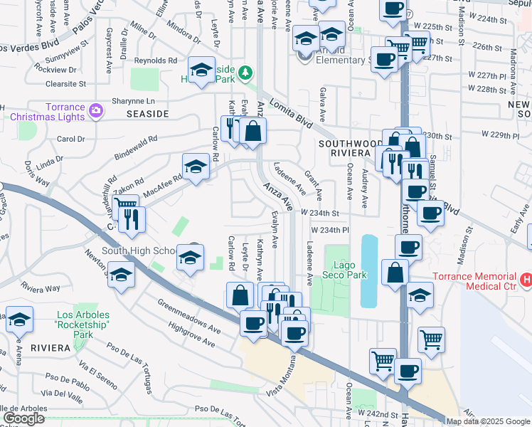 map of restaurants, bars, coffee shops, grocery stores, and more near 4404 West 234th Street in Torrance