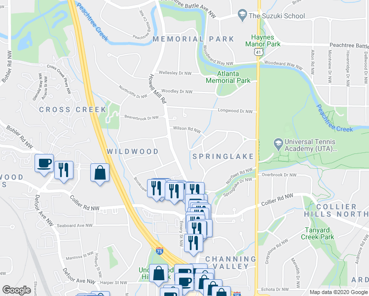 map of restaurants, bars, coffee shops, grocery stores, and more near 2164 Monterey Drive Northwest in Atlanta