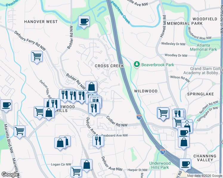 map of restaurants, bars, coffee shops, grocery stores, and more near 2121 Bellrick Road Northwest in Atlanta