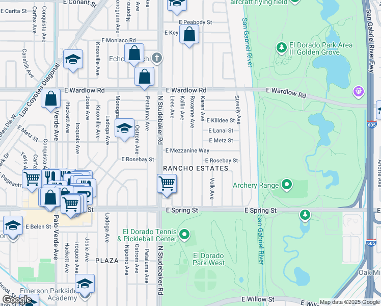 map of restaurants, bars, coffee shops, grocery stores, and more near 7014 East Mezzanine Way in Long Beach