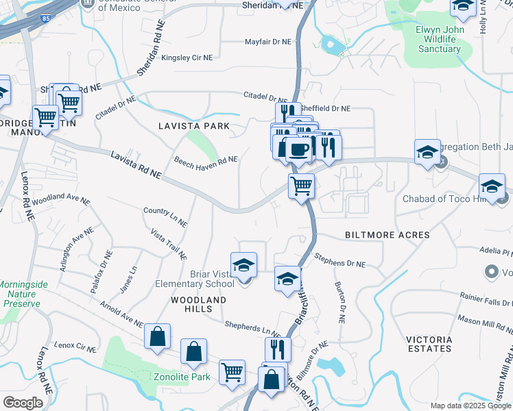 map of restaurants, bars, coffee shops, grocery stores, and more near 1552 Lavista Road in Atlanta