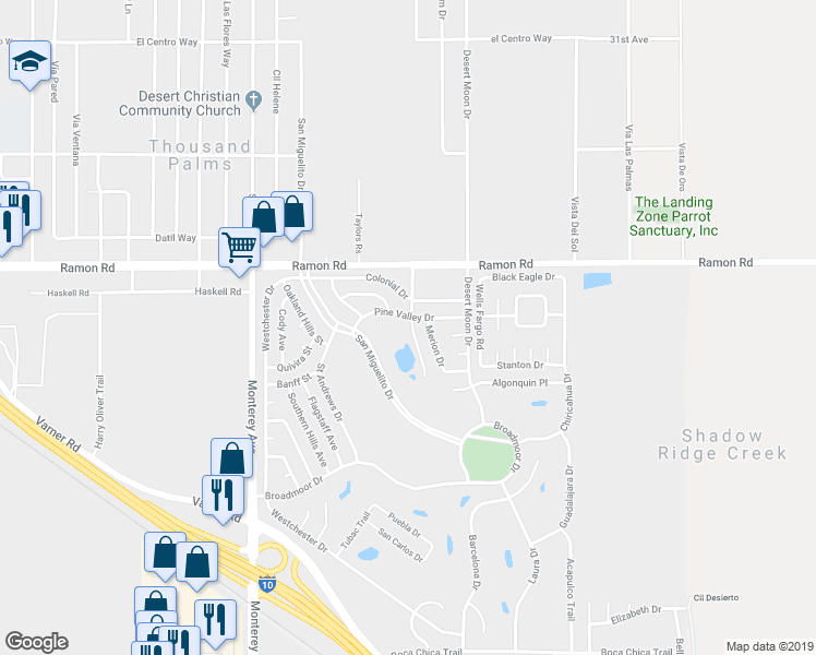 map of restaurants, bars, coffee shops, grocery stores, and more near 73341 Pine Valley Dr in Thousand Palms