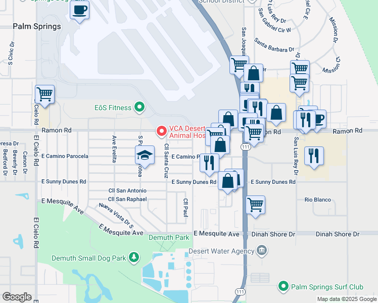 map of restaurants, bars, coffee shops, grocery stores, and more near 4499 East Calle De Carlos in Palm Springs