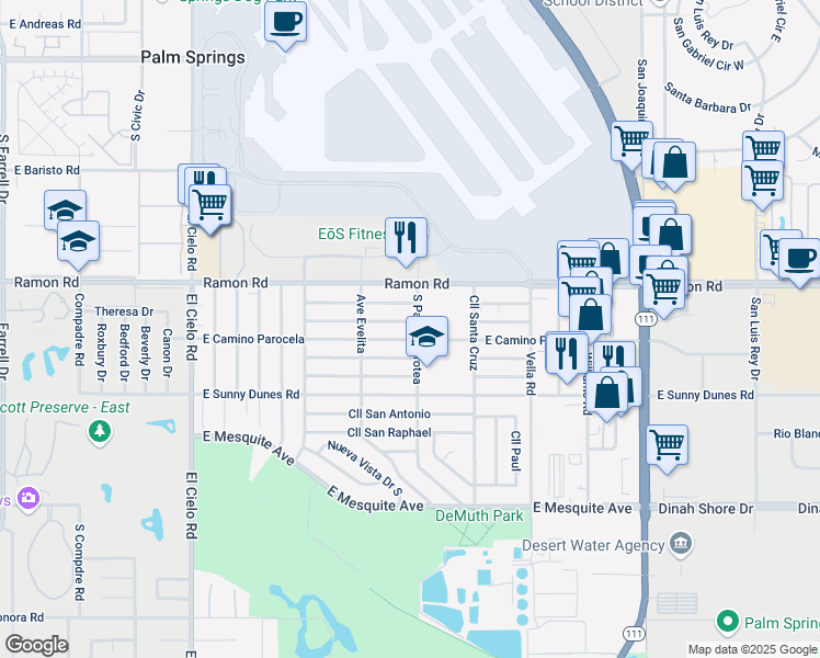 map of restaurants, bars, coffee shops, grocery stores, and more near 4093 East Calle De Carlos in Palm Springs