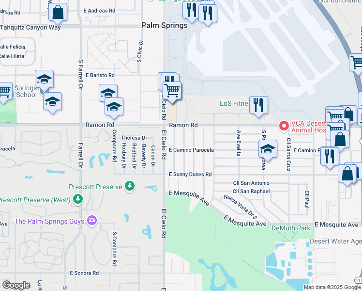 map of restaurants, bars, coffee shops, grocery stores, and more near in Palm Springs