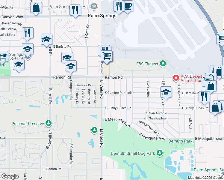 map of restaurants, bars, coffee shops, grocery stores, and more near 580 Desert View Drive in Palm Springs