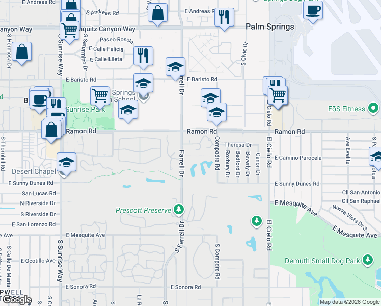 map of restaurants, bars, coffee shops, grocery stores, and more near 500 South Farrell Drive in Palm Springs