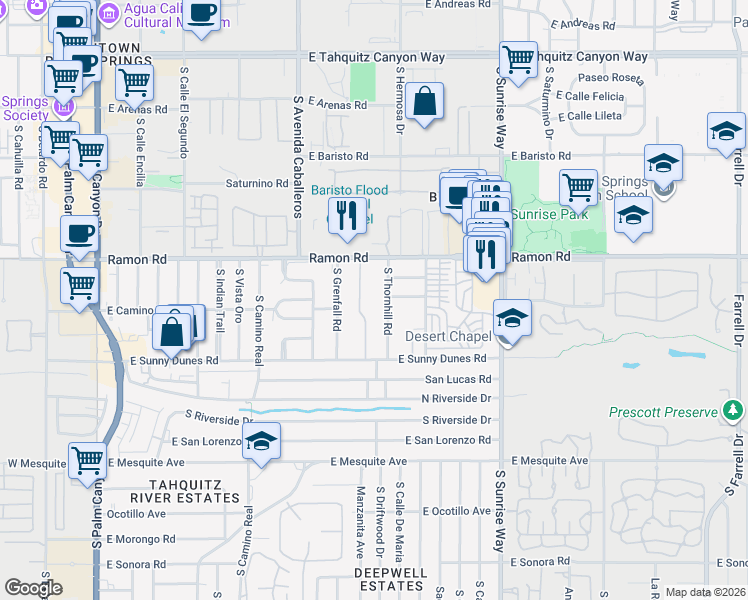 map of restaurants, bars, coffee shops, grocery stores, and more near 595 South Thornhill Road in Palm Springs