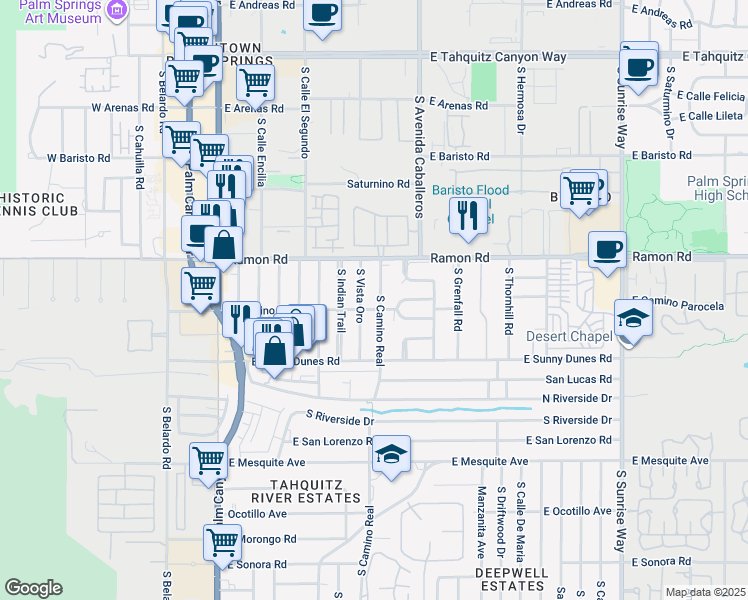 map of restaurants, bars, coffee shops, grocery stores, and more near 575 South Vista Oro in Palm Springs