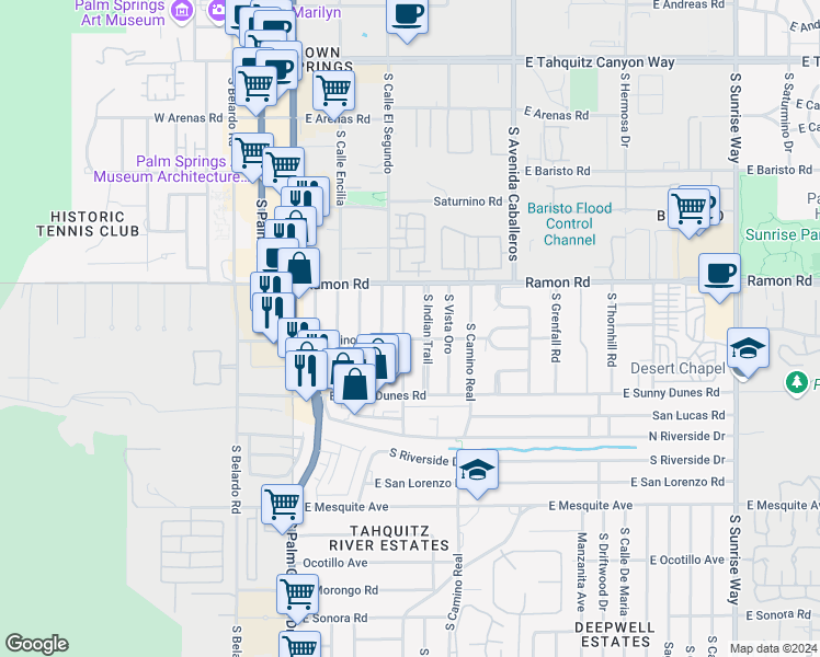 map of restaurants, bars, coffee shops, grocery stores, and more near 580 South Calle Palo Fierro in Palm Springs