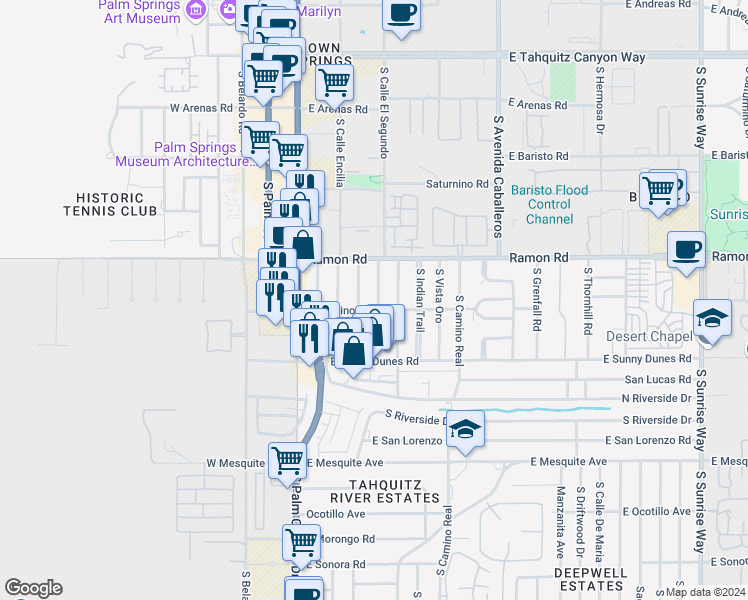 map of restaurants, bars, coffee shops, grocery stores, and more near 579 Calle Abronia South in Palm Springs