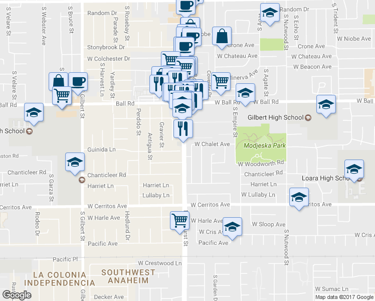 map of restaurants, bars, coffee shops, grocery stores, and more near 1321 South Pembrooke Lane in Anaheim