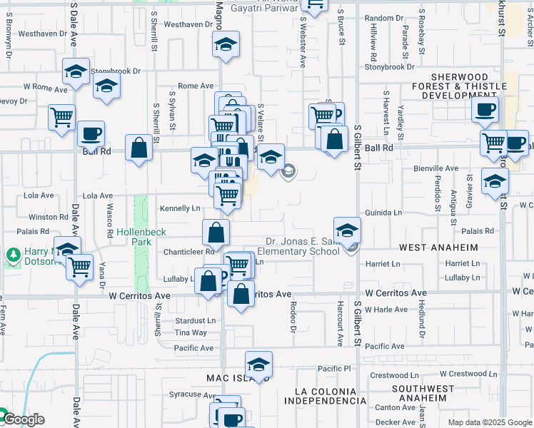 map of restaurants, bars, coffee shops, grocery stores, and more near 2543 West Winston Road in Anaheim