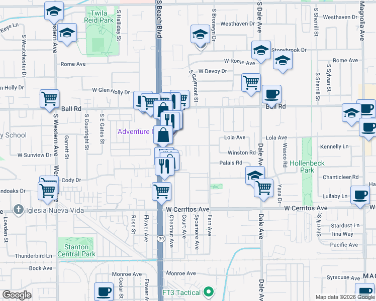 map of restaurants, bars, coffee shops, grocery stores, and more near 8080 Cambria Circle in Stanton