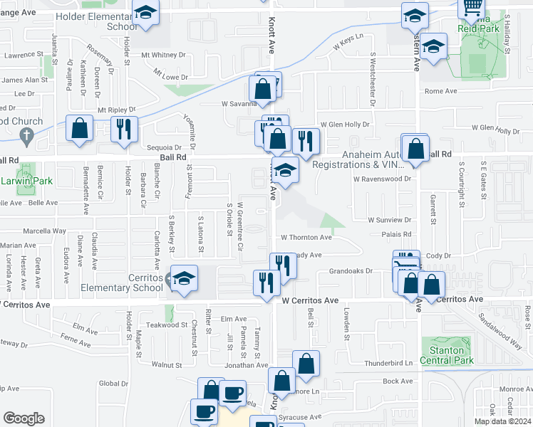 map of restaurants, bars, coffee shops, grocery stores, and more near 3508 West Greentree Circle in Anaheim