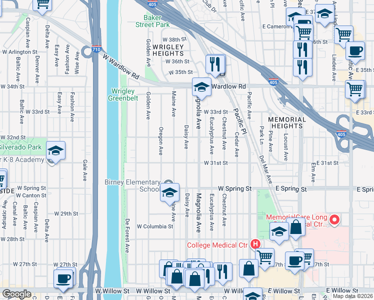 map of restaurants, bars, coffee shops, grocery stores, and more near 3151 Magnolia Avenue in Long Beach