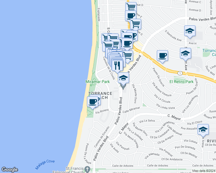 map of restaurants, bars, coffee shops, grocery stores, and more near 213 Calle Miramar in Redondo Beach