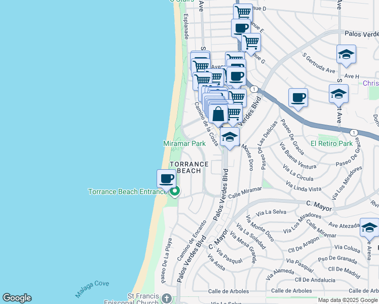 map of restaurants, bars, coffee shops, grocery stores, and more near 213 Calle Miramar in Redondo Beach