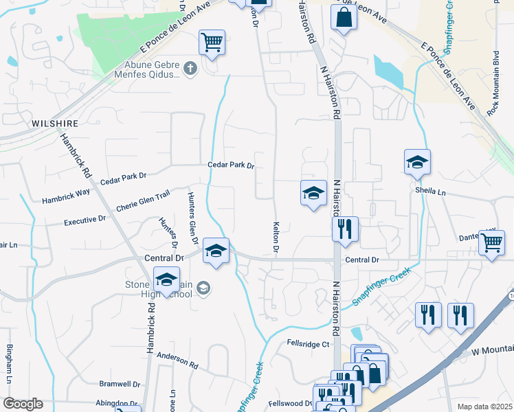 map of restaurants, bars, coffee shops, grocery stores, and more near 1188 Cedar Park Circle in Stone Mountain