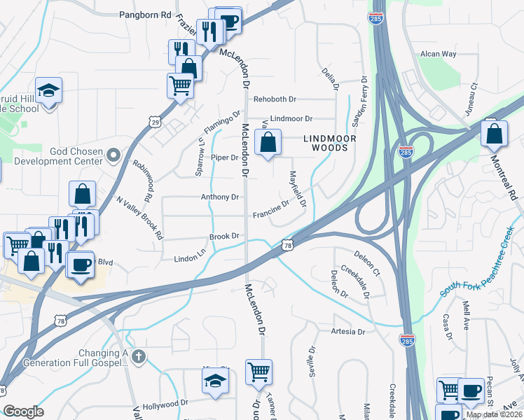 map of restaurants, bars, coffee shops, grocery stores, and more near 3170 Francine Drive in Decatur