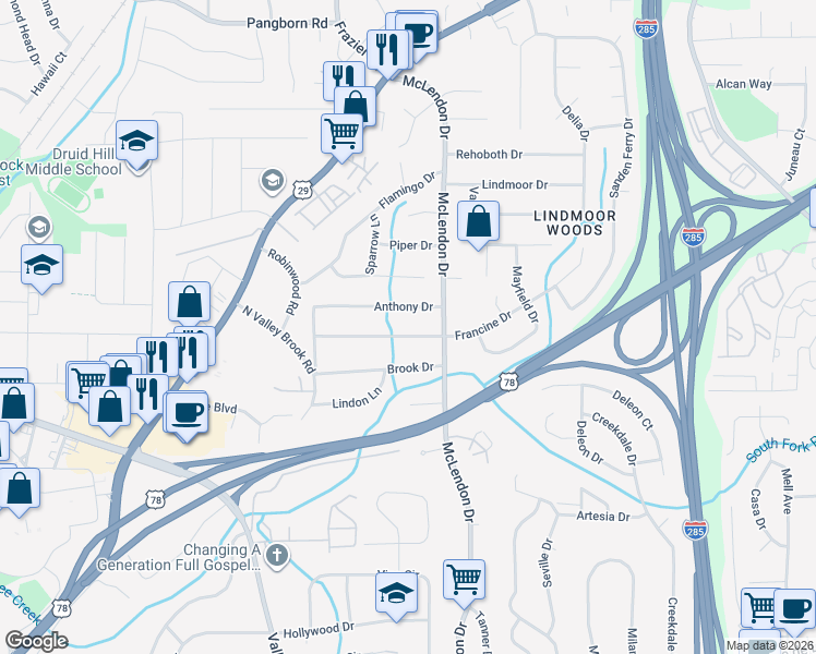 map of restaurants, bars, coffee shops, grocery stores, and more near 3094 Francine Drive in Decatur