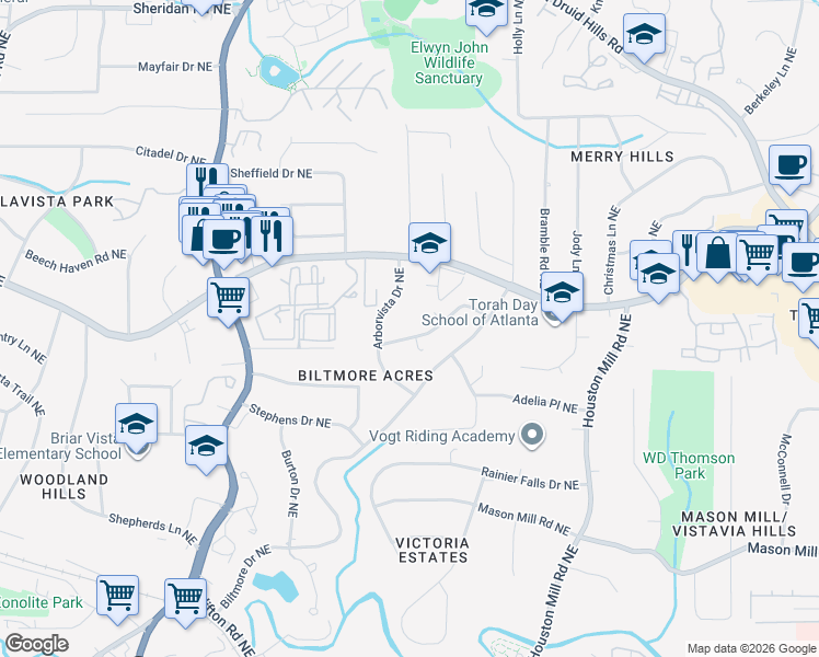 map of restaurants, bars, coffee shops, grocery stores, and more near 1516 Beechcliff Drive Northeast in Atlanta