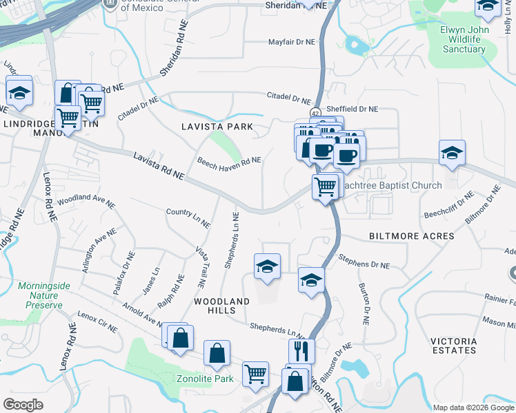 map of restaurants, bars, coffee shops, grocery stores, and more near in North Druid Hills