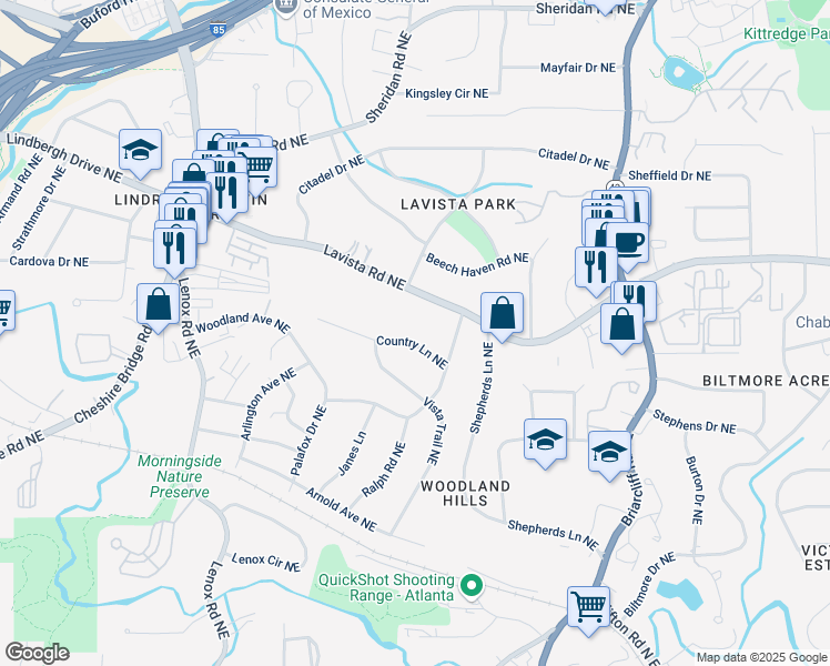 map of restaurants, bars, coffee shops, grocery stores, and more near 1134 Country Lane Northeast in Atlanta