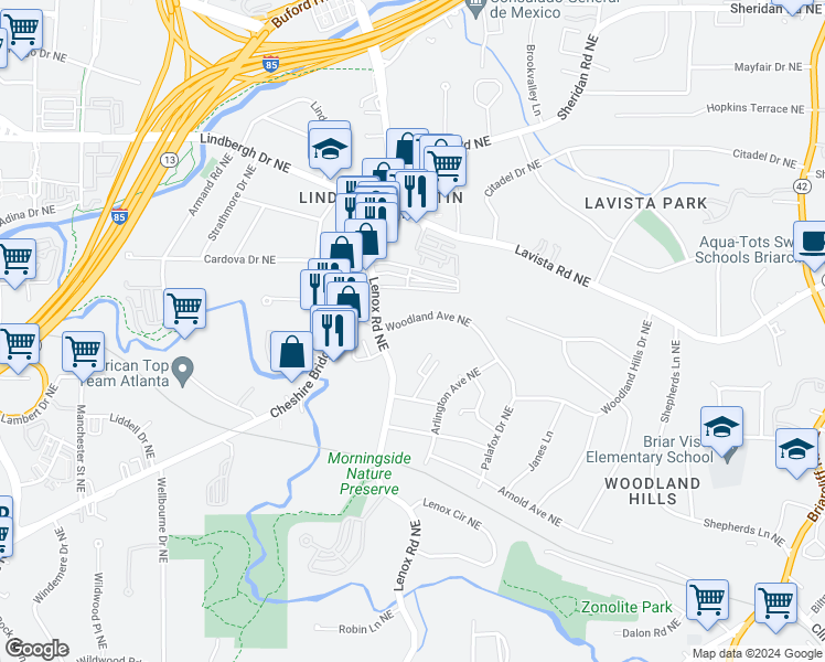 map of restaurants, bars, coffee shops, grocery stores, and more near 2175 Lenox Road Northeast in Atlanta