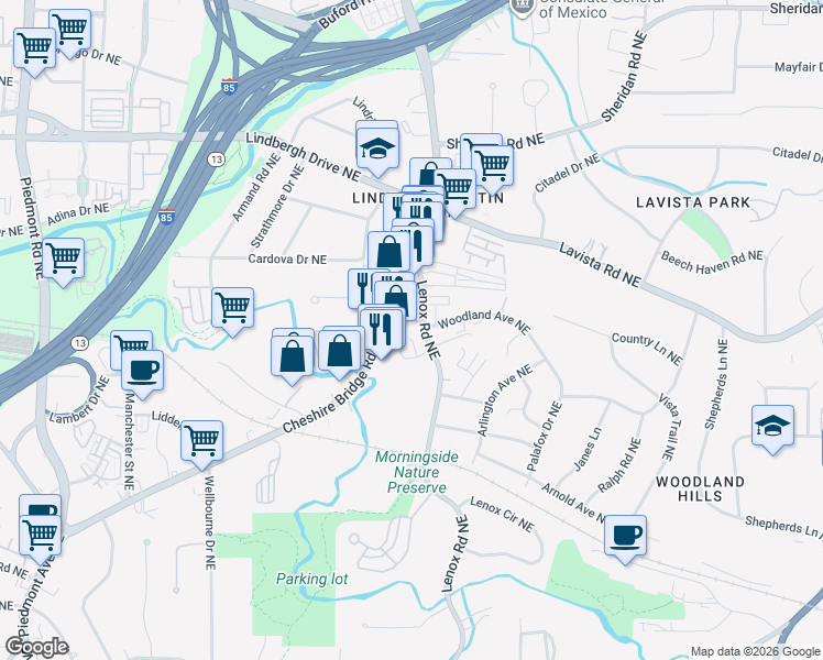 map of restaurants, bars, coffee shops, grocery stores, and more near 1079 Woodland Avenue Northeast in Atlanta