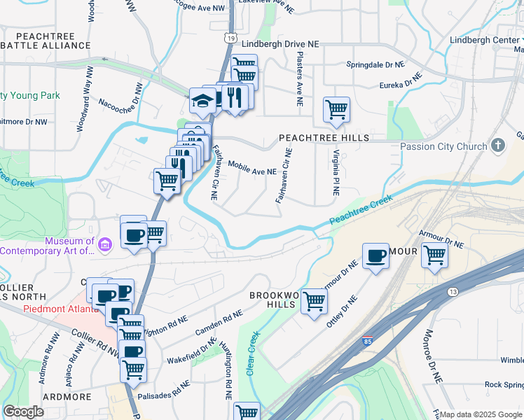 map of restaurants, bars, coffee shops, grocery stores, and more near 2140 Fairhaven Circle Northeast in Atlanta