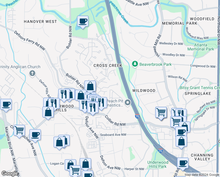 map of restaurants, bars, coffee shops, grocery stores, and more near 2121 Bellrick Road Northwest in Atlanta