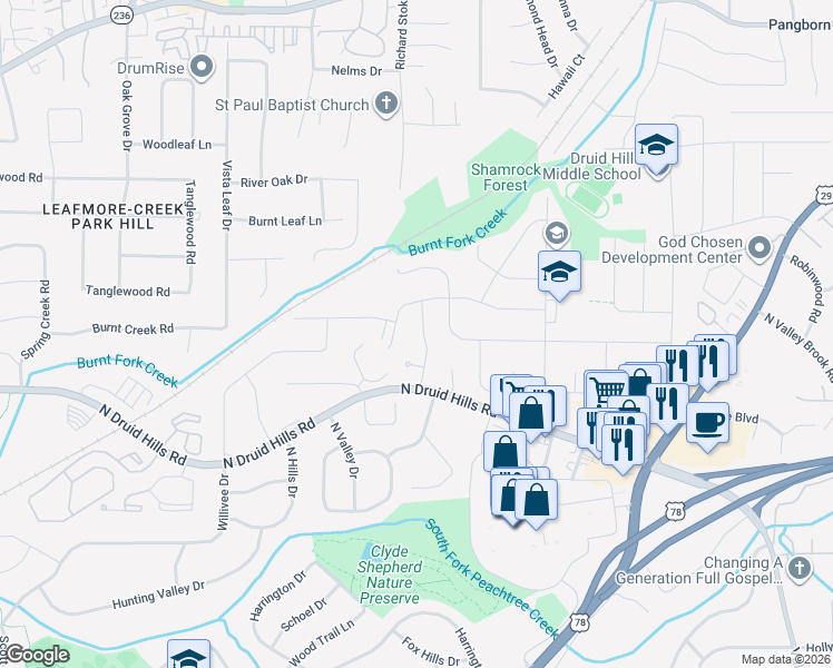 map of restaurants, bars, coffee shops, grocery stores, and more near 1208 Laurel Hill Drive in Decatur