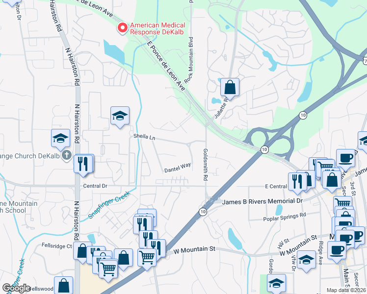 map of restaurants, bars, coffee shops, grocery stores, and more near 4999 Sheila Lane in Stone Mountain