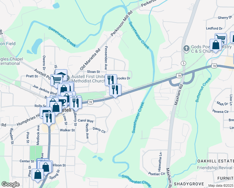 map of restaurants, bars, coffee shops, grocery stores, and more near 3460 Veterans Memorial Highway Southwest in Austell