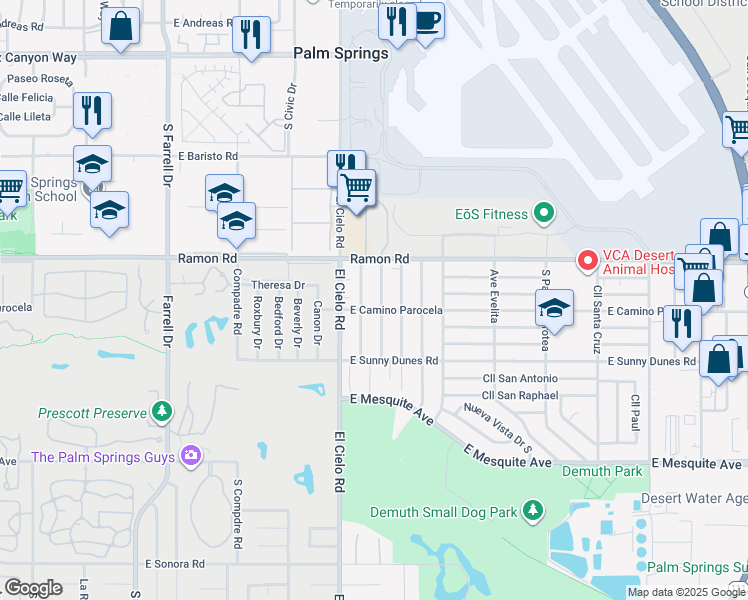 map of restaurants, bars, coffee shops, grocery stores, and more near 580 Desert View Drive in Palm Springs