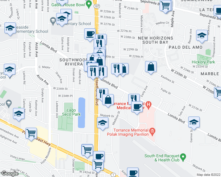 map of restaurants, bars, coffee shops, grocery stores, and more near 3640 Lomita Boulevard in Torrance