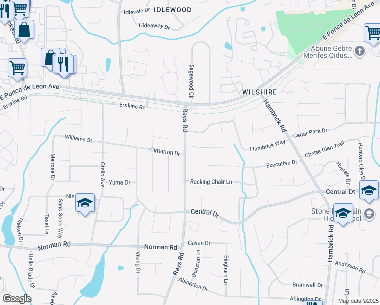 map of restaurants, bars, coffee shops, grocery stores, and more near 1199 Rays Road in Stone Mountain