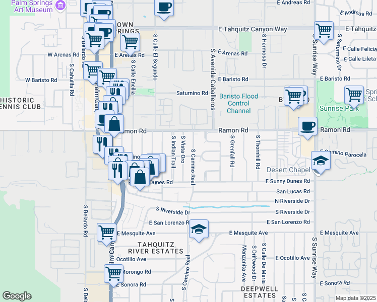 map of restaurants, bars, coffee shops, grocery stores, and more near 585 South Camino Real in Palm Springs