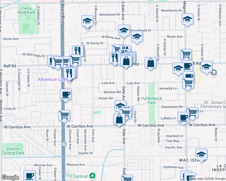 map of restaurants, bars, coffee shops, grocery stores, and more near 10214 Banff Street in Stanton